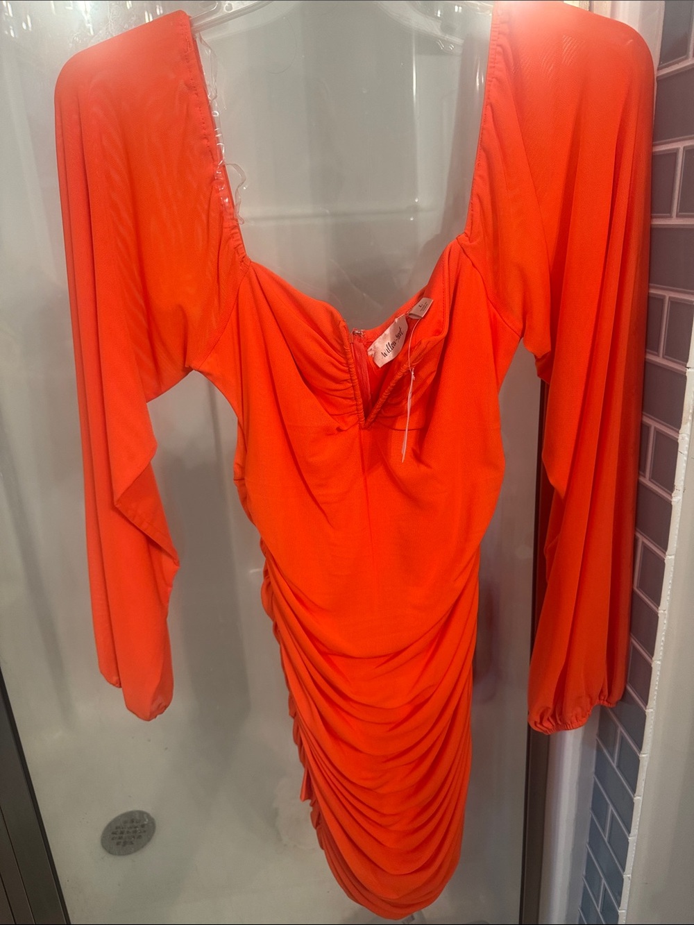 Bold Orange Ruched Mini Dress with Statement Draped Sleeves